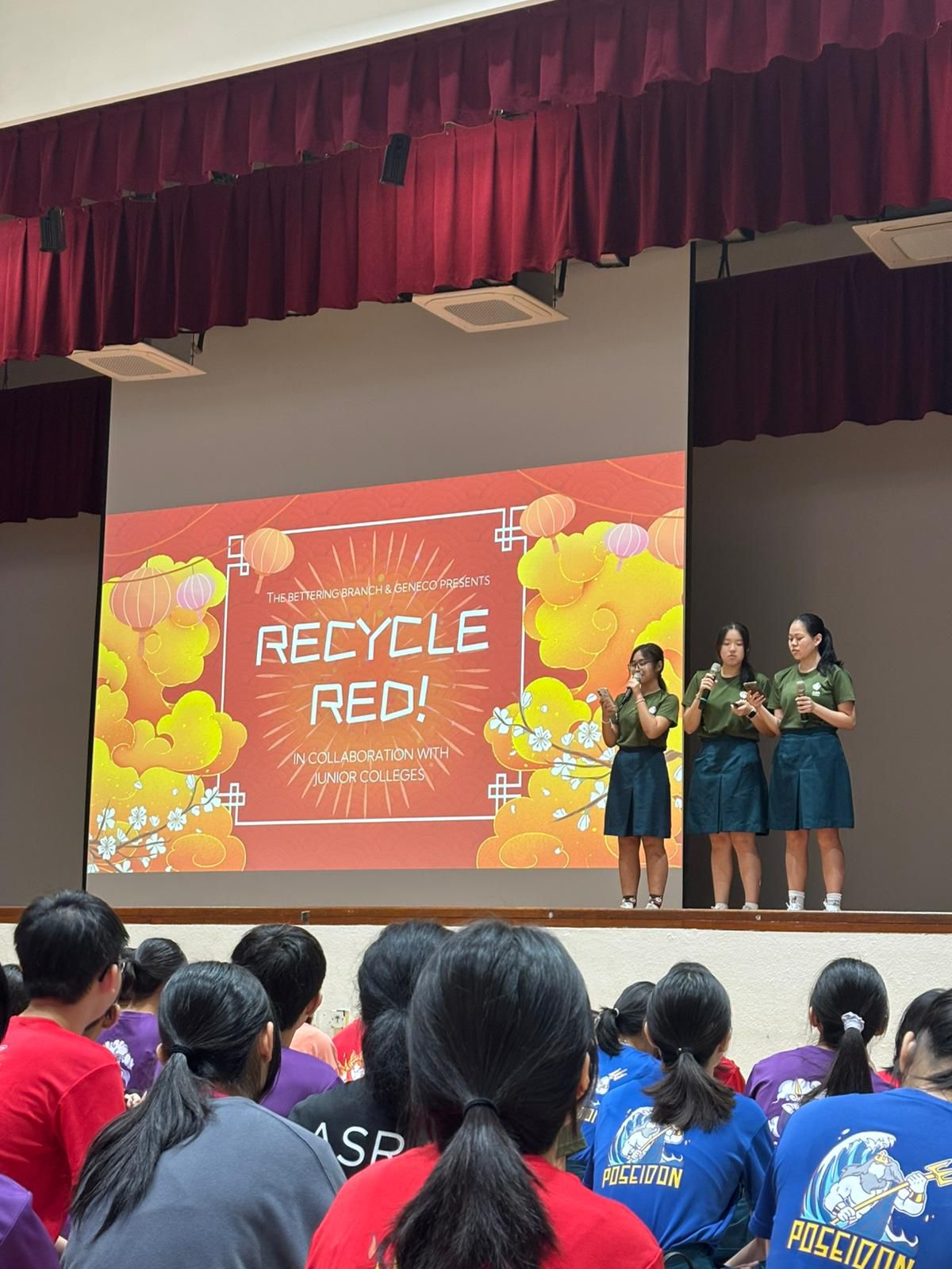 Anderson Serangoon Junior College (placed 1st for Junior College in 2025, placed 5th for Junior College in 2026) participates in Recycle Red! by The Bettering Branch. Students are giving a sharing about Recycle Red! by The Bettering Branch during morning assembly for the entire school, upholding sustainability and go green efforts in the school